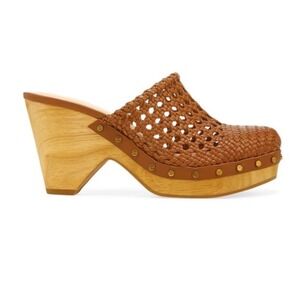 Veronica Beard Hardie Woven Leather Wedge Clogs Tan Wood Heel Mules Women 8.5